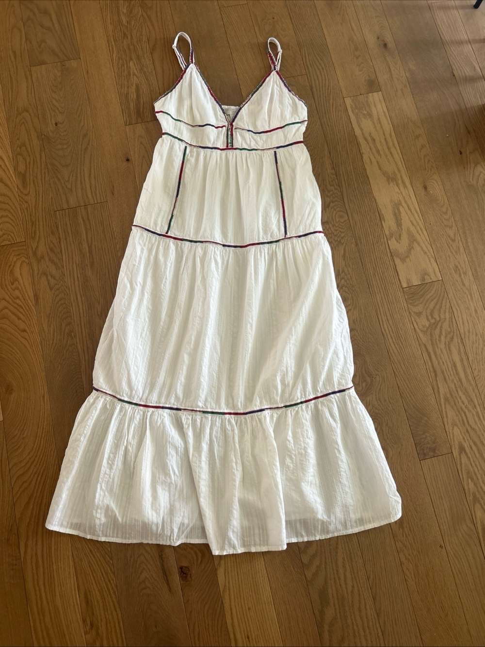 CAROLINE CONSTAS size M Rainbow Embroidered White Tiered Midi Dress w/ Beading